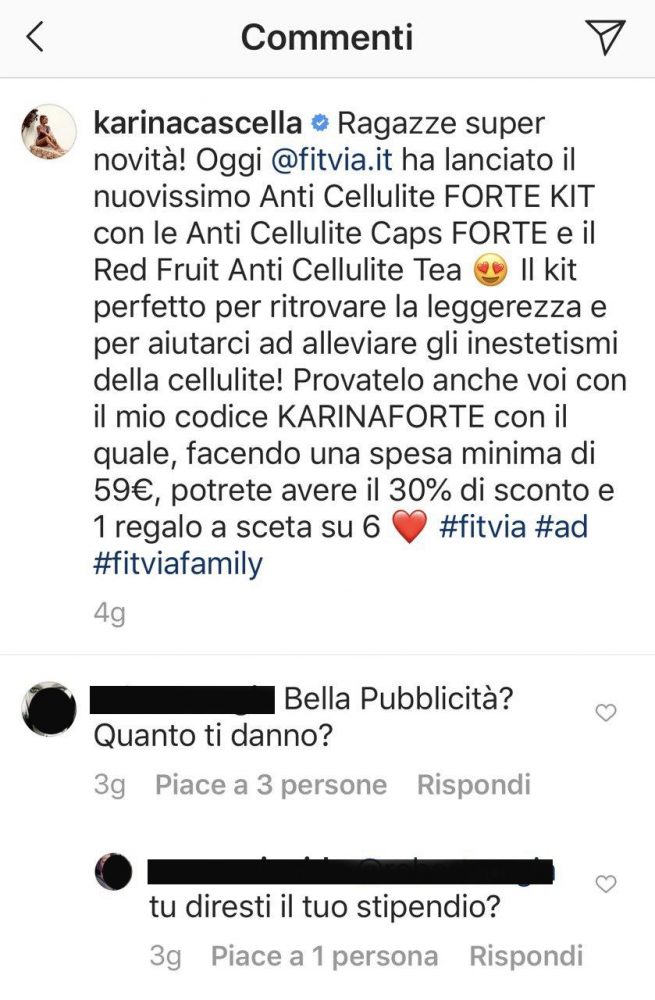 Karina Cascella Gossip commenti instagram promozioni
