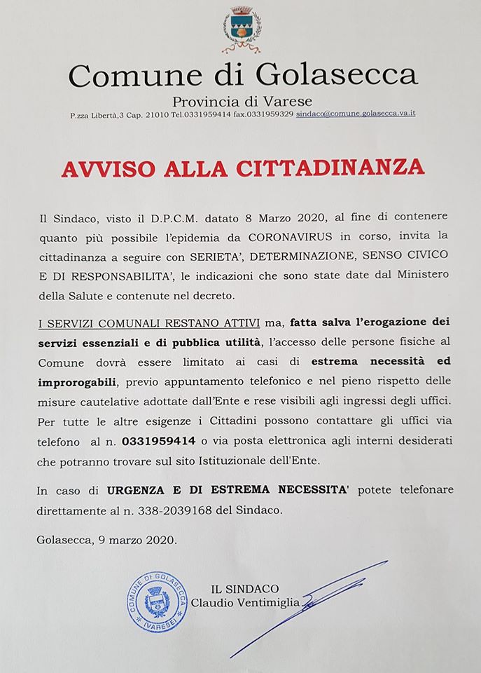 Golasecca: comunicato del sindaco Claudio Ventimiglia