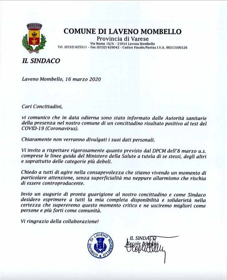 Coronavirus a Laveno Mombello dichiarazione del sindaco