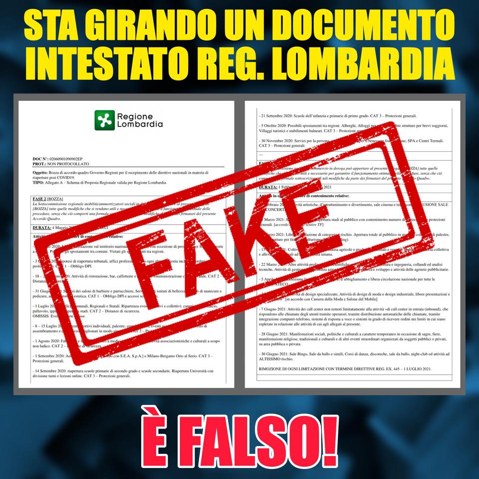 Fase 2 “Emergenza Coronavirus” e fake news. Regione Lombardia: Falso accordo quadro.