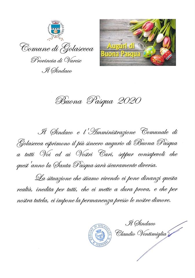 Golasecca: gli auguri di Buona Pasqua del Sindaco Claudio Ventimiglia