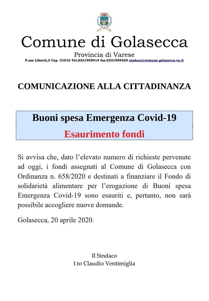 Golasecca: buoni spesa emergenza COVID-19 esaurimento fondi